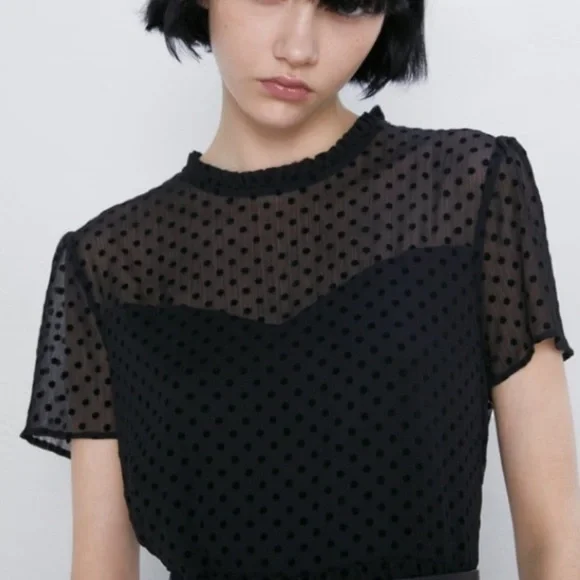 ZARA Black Flocked Swiss Dot Shirt Sleeve Flowy Midi Dress - Picture 2 of 14